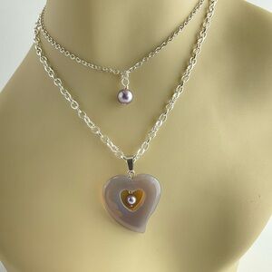 Lavender Heart & Swarovski Crystal Pearls Necklace Set, Floating Pearl, Pastel